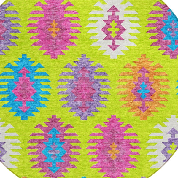 HomeRoots 5' Vibrant Southwestern Indoor Outdoor Area Rug in Lime Green, Pink, and Purple – Washable & Durable 8' Round 615148