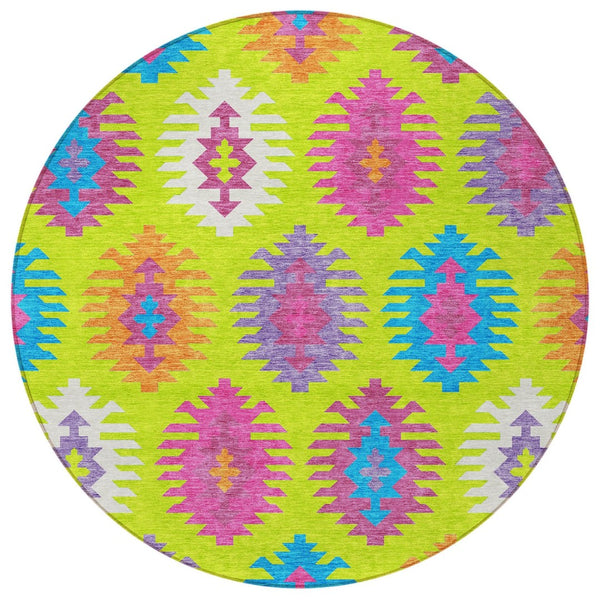 HomeRoots 5' Vibrant Southwestern Indoor Outdoor Area Rug in Lime Green, Pink, and Purple – Washable & Durable 8' Round 615148