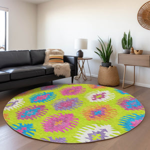 HomeRoots 5' Vibrant Southwestern Indoor Outdoor Area Rug in Lime Green, Pink, and Purple – Washable & Durable 8' Round 615148