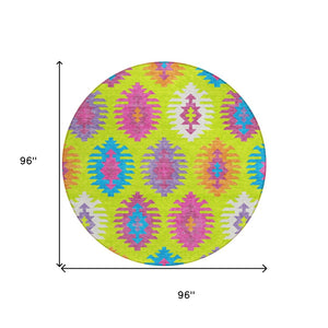 HomeRoots 5' Vibrant Southwestern Indoor Outdoor Area Rug in Lime Green, Pink, and Purple – Washable & Durable 8' Round 615148