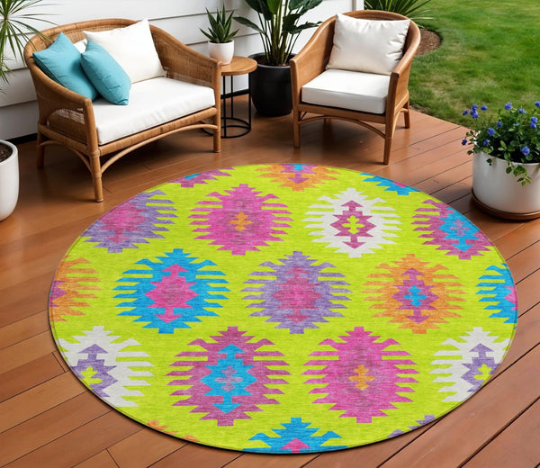 HomeRoots 5' Vibrant Southwestern Indoor Outdoor Area Rug in Lime Green, Pink, and Purple – Washable & Durable 8' Round 615148