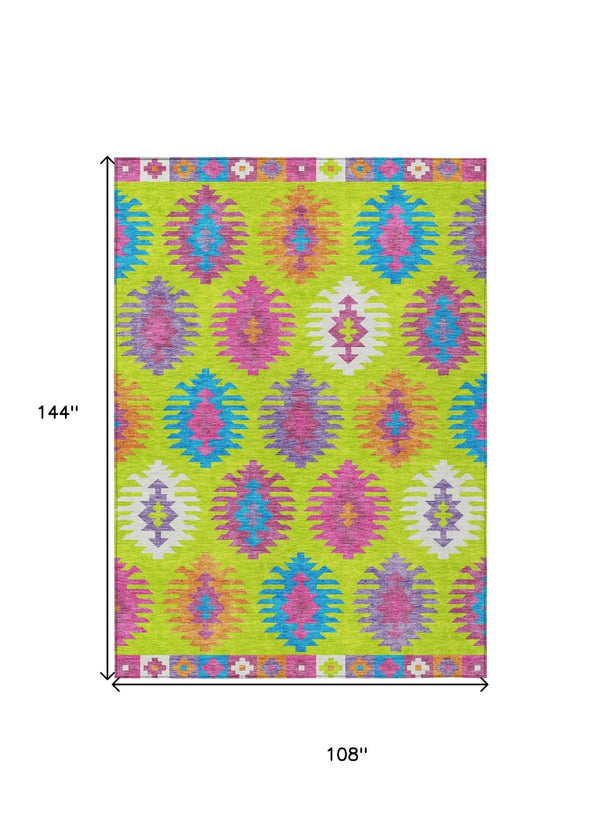HomeRoots 5' Vibrant Southwestern Indoor Outdoor Area Rug in Lime Green, Pink, and Purple – Washable & Durable 9' X 12' 615150
