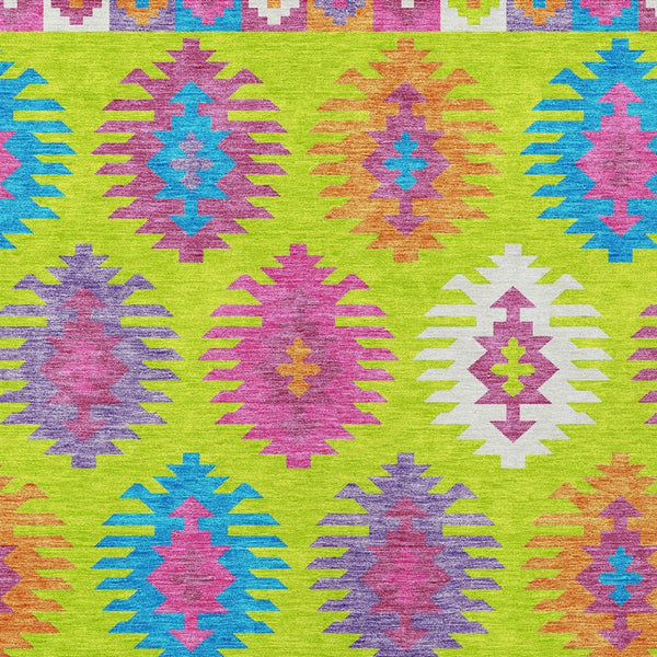 HomeRoots 5' Vibrant Southwestern Indoor Outdoor Area Rug in Lime Green, Pink, and Purple – Washable & Durable 9' X 12' 615150