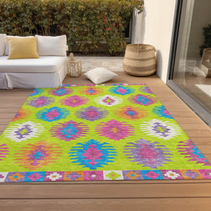 HomeRoots 5' Vibrant Southwestern Indoor Outdoor Area Rug in Lime Green, Pink, and Purple – Washable & Durable 10' X 14' 615151