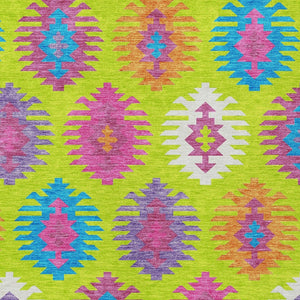 HomeRoots 5' Vibrant Southwestern Indoor Outdoor Area Rug in Lime Green, Pink, and Purple – Washable & Durable 10' X 14' 615151
