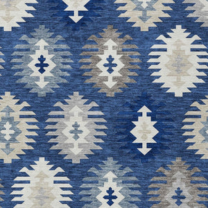 HomeRoots 5' Stylish Southwestern Indoor-Outdoor Area Rug in Navy Blue, Ivory & Gray – Durable & Washable! 5' X 8' 615159