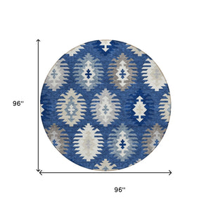 HomeRoots 5' Stylish Southwestern Indoor-Outdoor Area Rug in Navy Blue, Ivory & Gray – Durable & Washable! 8' Round 615160