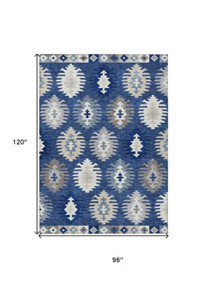 HomeRoots 5' Stylish Southwestern Indoor-Outdoor Area Rug in Navy Blue, Ivory & Gray – Durable & Washable! 8' X 10' 615161