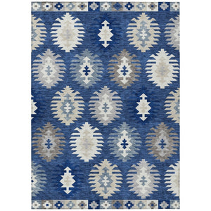 HomeRoots 5' Stylish Southwestern Indoor-Outdoor Area Rug in Navy Blue, Ivory & Gray – Durable & Washable! 8' X 10' 615161