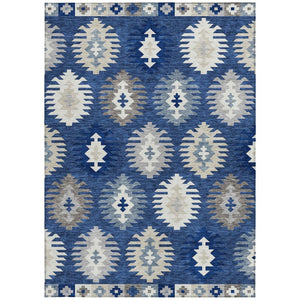 HomeRoots 5' Stylish Southwestern Indoor-Outdoor Area Rug in Navy Blue, Ivory & Gray – Durable & Washable! 8' X 10' 615161