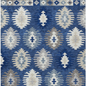 HomeRoots 5' Stylish Southwestern Indoor-Outdoor Area Rug in Navy Blue, Ivory & Gray – Durable & Washable! 9' X 12' 615162