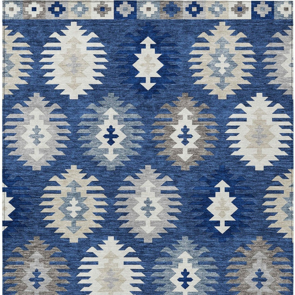 HomeRoots 5' Stylish Southwestern Indoor-Outdoor Area Rug in Navy Blue, Ivory & Gray – Durable & Washable! 9' X 12' 615162