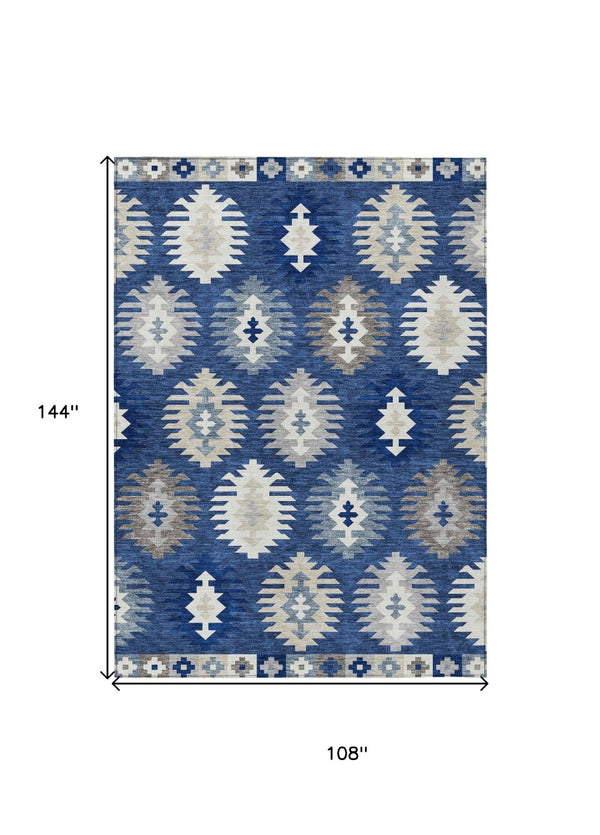 HomeRoots 5' Stylish Southwestern Indoor-Outdoor Area Rug in Navy Blue, Ivory & Gray – Durable & Washable! 9' X 12' 615162