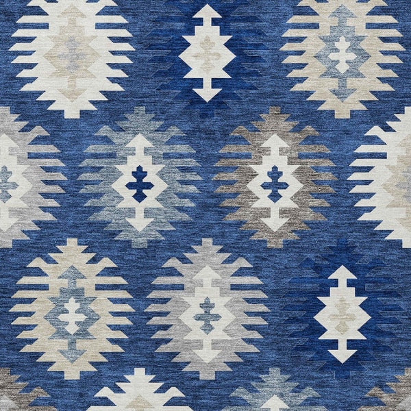 HomeRoots 5' Stylish Southwestern Indoor-Outdoor Area Rug in Navy Blue, Ivory & Gray – Durable & Washable! 9' X 12' 615162