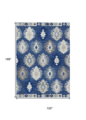 HomeRoots 5' Stylish Southwestern Indoor-Outdoor Area Rug in Navy Blue, Ivory & Gray – Durable & Washable! 10' X 14' 615163