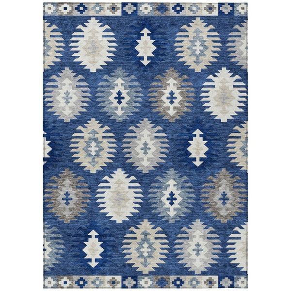 HomeRoots 5' Stylish Southwestern Indoor-Outdoor Area Rug in Navy Blue, Ivory & Gray – Durable & Washable! 10' X 14' 615163