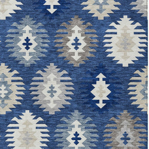 HomeRoots 5' Stylish Southwestern Indoor-Outdoor Area Rug in Navy Blue, Ivory & Gray – Durable & Washable! 10' X 14' 615163