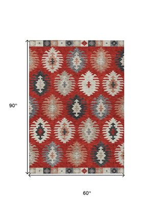 HomeRoots 5' Vibrant Southwestern Washable Area Rug in Red, Ivory, and Salmon for Indoor Outdoor Use 5' X 8' 615165