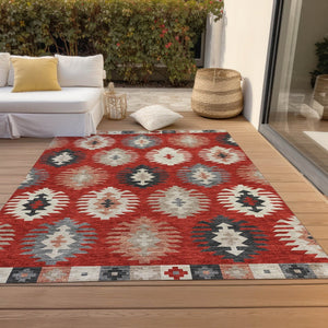 HomeRoots 5' Vibrant Southwestern Washable Area Rug in Red, Ivory, and Salmon for Indoor Outdoor Use 5' X 8' 615165