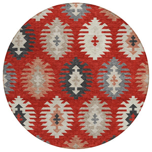 HomeRoots 5' Vibrant Southwestern Washable Area Rug in Red, Ivory, and Salmon for Indoor Outdoor Use 8' Round 615166