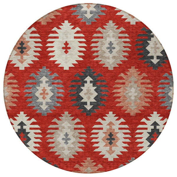 HomeRoots 5' Vibrant Southwestern Washable Area Rug in Red, Ivory, and Salmon for Indoor Outdoor Use 8' Round 615166