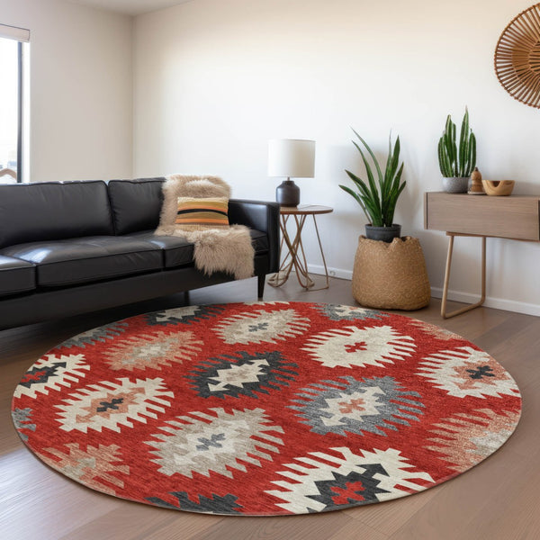 HomeRoots 5' Vibrant Southwestern Washable Area Rug in Red, Ivory, and Salmon for Indoor Outdoor Use 8' Round 615166