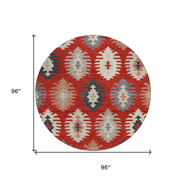 HomeRoots 5' Vibrant Southwestern Washable Area Rug in Red, Ivory, and Salmon for Indoor Outdoor Use 8' Round 615166