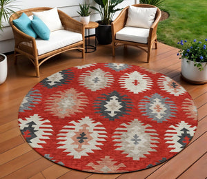 HomeRoots 5' Vibrant Southwestern Washable Area Rug in Red, Ivory, and Salmon for Indoor Outdoor Use 8' Round 615166