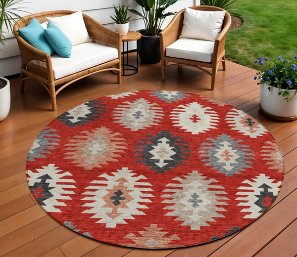 HomeRoots 5' Vibrant Southwestern Washable Area Rug in Red, Ivory, and Salmon for Indoor Outdoor Use 8' Round 615166