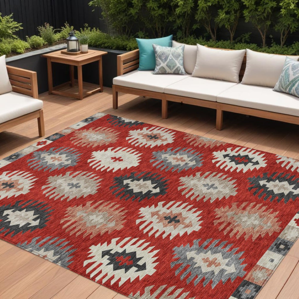 HomeRoots 5' Vibrant Southwestern Washable Area Rug in Red, Ivory, and Salmon for Indoor Outdoor Use 9' X 12' 615168
