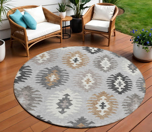 HomeRoots 5' Southwestern Washable Area Rug in Silver Beige and Charcoal – Perfect for Indoor & Outdoor Spaces 8' Round 615172