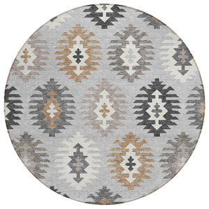 HomeRoots 5' Southwestern Washable Area Rug in Silver Beige and Charcoal – Perfect for Indoor & Outdoor Spaces 8' Round 615172