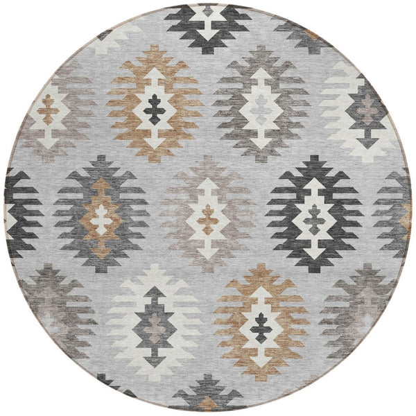 HomeRoots 5' Southwestern Washable Area Rug in Silver Beige and Charcoal – Perfect for Indoor & Outdoor Spaces 8' Round 615172