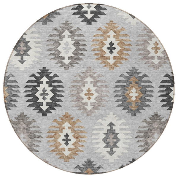 HomeRoots 5' Southwestern Washable Area Rug in Silver Beige and Charcoal – Perfect for Indoor & Outdoor Spaces 8' Round 615172