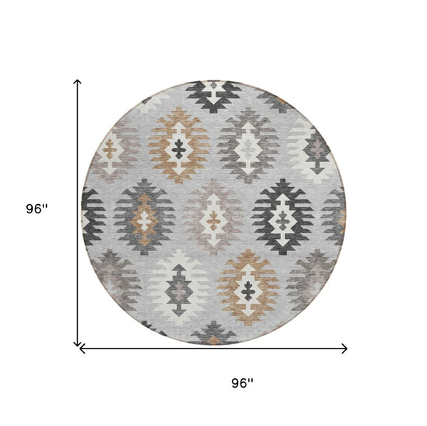 HomeRoots 5' Southwestern Washable Area Rug in Silver Beige and Charcoal – Perfect for Indoor & Outdoor Spaces 8' Round 615172