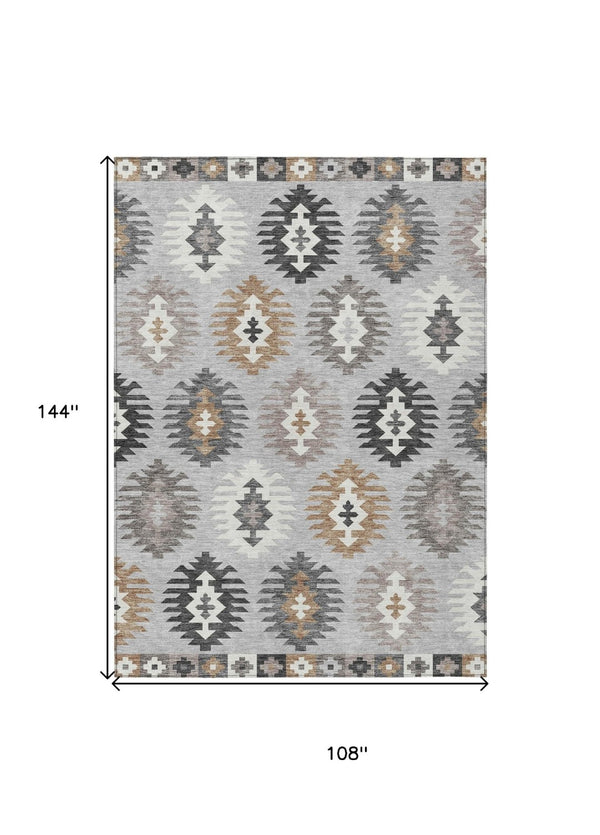 HomeRoots 5' Southwestern Washable Area Rug in Silver Beige and Charcoal – Perfect for Indoor & Outdoor Spaces 9' X 12' 615174