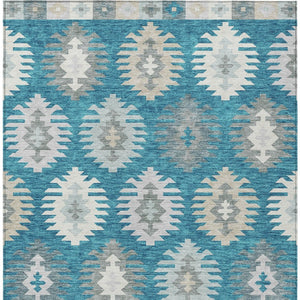 HomeRoots 5' Teal Blue Ivory and Gray Southwestern Area Rug - Durable, Washable, Indoor/Outdoor Charm for Any Space 5' X 8' 615177