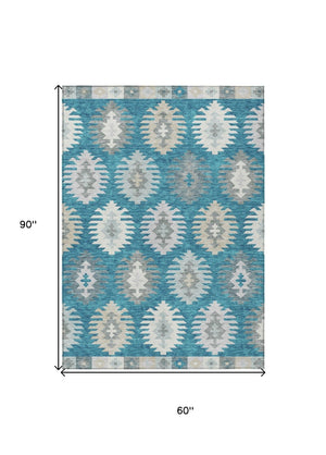 HomeRoots 5' Teal Blue Ivory and Gray Southwestern Area Rug - Durable, Washable, Indoor/Outdoor Charm for Any Space 5' X 8' 615177