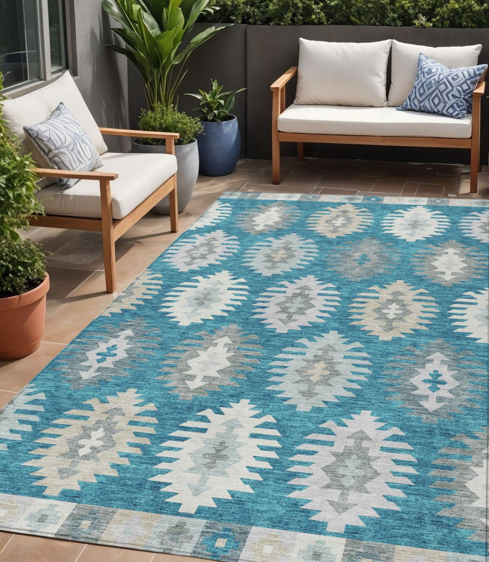 HomeRoots 5' Teal Blue Ivory and Gray Southwestern Area Rug - Durable, Washable, Indoor/Outdoor Charm for Any Space 5' X 8' 615177