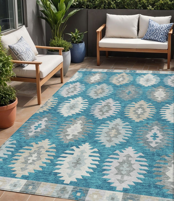 HomeRoots 5' Teal Blue Ivory and Gray Southwestern Area Rug - Durable, Washable, Indoor/Outdoor Charm for Any Space 5' X 8' 615177