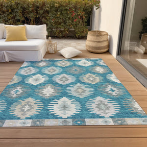 HomeRoots 5' Teal Blue Ivory and Gray Southwestern Area Rug - Durable, Washable, Indoor/Outdoor Charm for Any Space 5' X 8' 615177