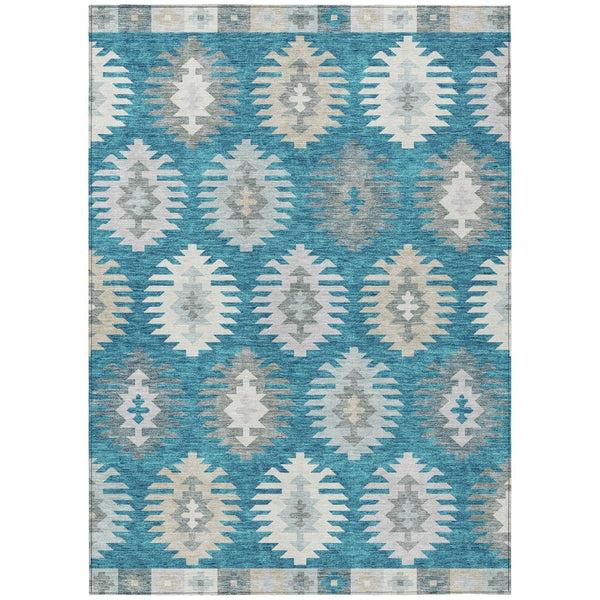 HomeRoots 5' Teal Blue Ivory and Gray Southwestern Area Rug - Durable, Washable, Indoor/Outdoor Charm for Any Space 5' X 8' 615177
