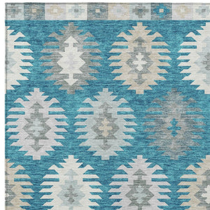 HomeRoots 5' Teal Blue Ivory and Gray Southwestern Area Rug - Durable, Washable, Indoor/Outdoor Charm for Any Space 5' X 8' 615177