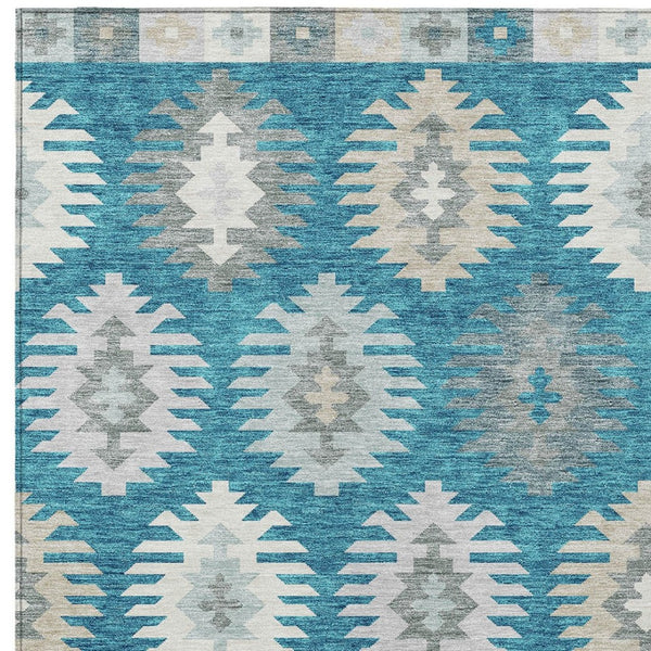 HomeRoots 5' Teal Blue Ivory and Gray Southwestern Area Rug - Durable, Washable, Indoor/Outdoor Charm for Any Space 5' X 8' 615177
