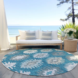HomeRoots 5' Teal Blue Ivory and Gray Southwestern Area Rug - Durable, Washable, Indoor/Outdoor Charm for Any Space 8' Round 615178