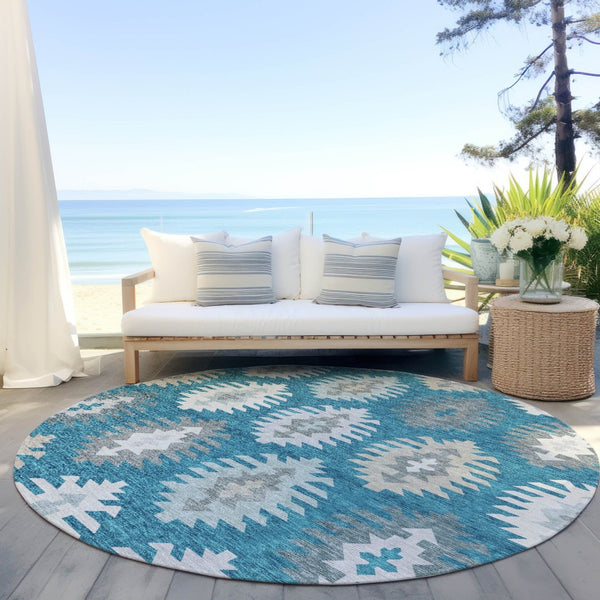 HomeRoots 5' Teal Blue Ivory and Gray Southwestern Area Rug - Durable, Washable, Indoor/Outdoor Charm for Any Space 8' Round 615178