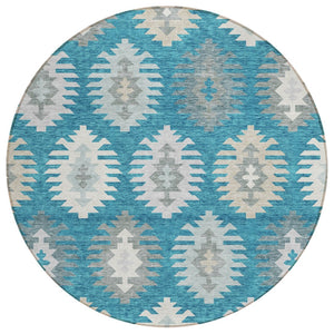 HomeRoots 5' Teal Blue Ivory and Gray Southwestern Area Rug - Durable, Washable, Indoor/Outdoor Charm for Any Space 8' Round 615178
