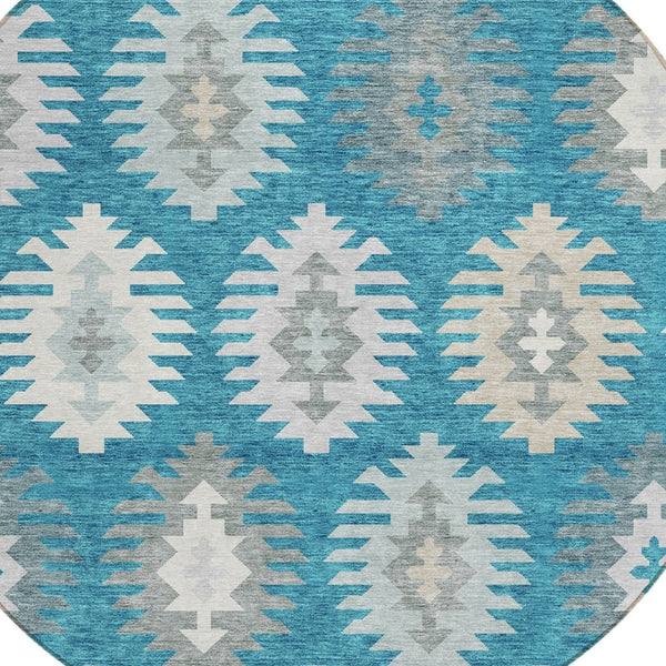 HomeRoots 5' Teal Blue Ivory and Gray Southwestern Area Rug - Durable, Washable, Indoor/Outdoor Charm for Any Space 8' Round 615178