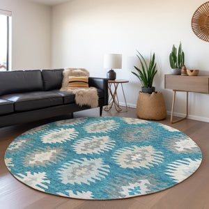 HomeRoots 5' Teal Blue Ivory and Gray Southwestern Area Rug - Durable, Washable, Indoor/Outdoor Charm for Any Space 8' Round 615178