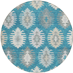 HomeRoots 5' Teal Blue Ivory and Gray Southwestern Area Rug - Durable, Washable, Indoor/Outdoor Charm for Any Space 8' Round 615178